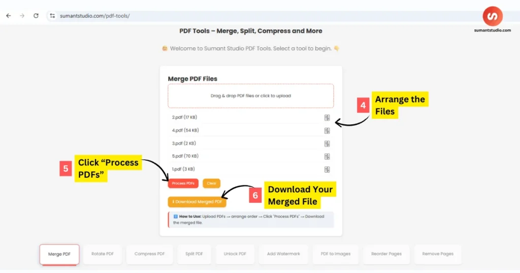 simple steps to merge your PDFs using Sumant Studio's free PDF tool screenshot 2
